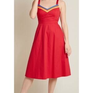 ModCloth Wonder Woman sundress pockets a-line red rainbow 70s strappy dress 12